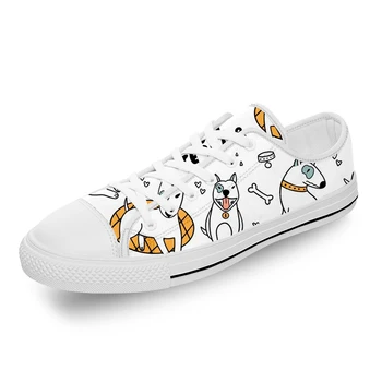 Животное Бультерьер Мультяшная собака Белая ткань Модная парусиновая обувь с 3D принтом и низким верхом Мужские Женские Легкие дышащие кроссовки