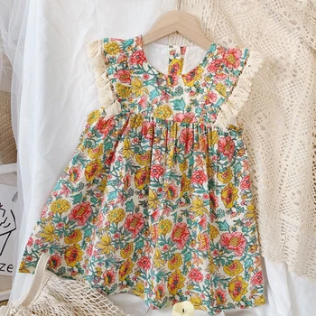 Летнее платье с цветочным рисунком для девочек 2023 года, детская одежда, летящие рукава с кисточками, повседневное детское платье в этническом стиле, платье принцессы