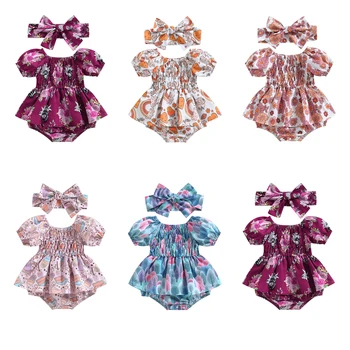 FOCUSNORM/ Милое платье-ползунки для маленьких девочек 0-18 м, комбинезоны с цветочным принтом коровы с коротким рукавом и открытыми плечами, летняя одежда с повязкой на голове
