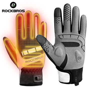 Перчатки ROCKBROS с подогревом, мотоциклетные женские мужские велосипедные перчатки, зимние перчатки с сенсорным экраном, USB, с подогревом тепловыми лучами, ветрозащитные перчатки для электровелосипедов