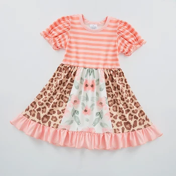 Классическое платье с коротким рукавом из молочного шелка в полоску с цветочным рисунком и леопардом для маленьких девочек Girlymax Summer.