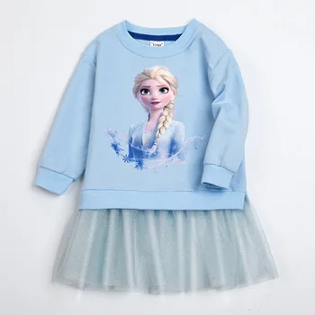 Осенняя детская одежда, толстовки с длинными рукавами Frozen Elsa Princess, сетчатая одежда из двух предметов для маленьких девочек, толстовка-платье