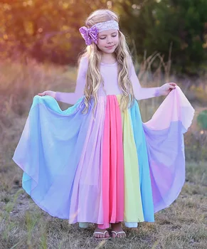 Платье принцессы цвета радуги для девочек 2-7 лет, весенне-осеннее платье из тюля с длинными рукавами, детские пляжные платья, детская одежда