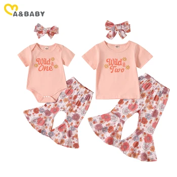 Комплекты летней одежды для мам и малышей от 6 до 3 лет для девочек, футболки с надписями для малышей, ползунки, расклешенные брюки с цветочным рисунком, Наряды D06