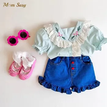 Кружевная рубашка с вышивкой для маленьких девочек, хлопковые блузки с короткими пышными рукавами для малышей, однотонная летняя одежда для малышей от 0 до 5 лет