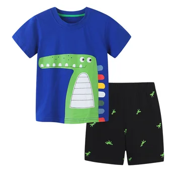 Детская одежда 2023 Новые летние комплекты с короткими рукавами для мальчиков, синяя футболка с рисунком динозавра + черные шорты с принтом динозавра, костюм от 2 до 7 лет