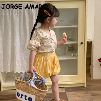 Корейский стиль, Новые Летние комплекты для маленьких девочек, рубашки с цветочным отложным воротником и короткими рукавами + Желтые шорты, Детская одежда E1404