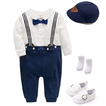 Джентльменский комплект одежды для малышей, комбинезон для мальчиков со шляпой, обувь, костюм, хлопковый костюм, Вечерние наряды для детей на день рождения от 3 до 18 месяцев