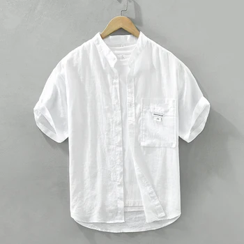 2023 Летняя Новая мужская рубашка с коротким рукавом, модные топы из чистого льна с воротником-стойкой