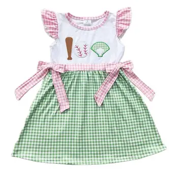 Оптовая Продажа Бейсбольное платье с вышивкой для маленьких девочек, с короткими рукавами, Детская Летняя Одежда в бело-зеленую клетку для малышей