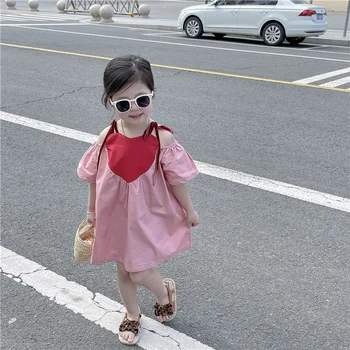 5749C Корейская Детская одежда Платье Для девочек 2023 Летнее Милое Розовое Платье Принцессы Без Бретелек С Коротким Рукавом Love