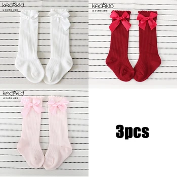 3 Пары носков Для новорожденных, милые Носки принцессы для девочек до колена с бантом, хлопковые носки для малышей, детские вещи, Аксессуары, одежда