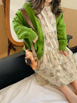 Зеленый свитер для корейских девочек, вязаный кардиган, пальто, детская одежда, детское платье с принтом для малышей
