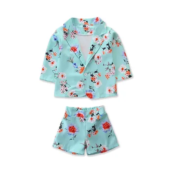 Детская летняя одежда 2020 года, пальто с цветочным рисунком для девочек + шорты, костюм-двойка, официальные комплекты детской костюмной одежды