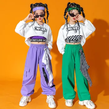 Детские подростковые наряды в стиле Kpop, Одежда для девочек, толстовка, укороченный топ, рубашка с длинным рукавом, брюки-карго, детский танцевальный костюм в стиле хип-хоп