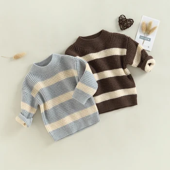 Осенний свитер для малышей, пуловер в полоску с длинными рукавами и круглым вырезом, трикотаж для мальчиков и девочек от 0 до 6 лет
