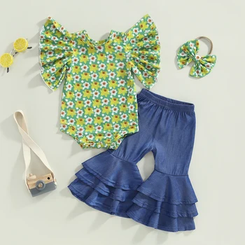 Ma & Baby 0-24 м, Комплекты одежды для новорожденных малышей и маленьких девочек, комбинезон с цветочным принтом, джинсовые штаны с оборками, джинсовая одежда D06