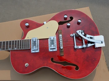 Джазовая электрогитара OEM, гитара с полуполым корпусом, прозрачный красный цвет, большая система вибрато, принятая на заказ