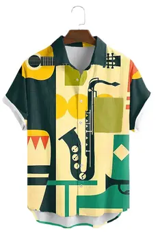 Новая гавайская рубашка для мужчин, повседневные рубашки с 3D принтом музыкальных инструментов, мужские рубашки с карманами для мужчин