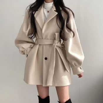 Женская куртка, однотонное шерстяное пальто, приталенное пальто с поясом, женская теплая хлопковая толстая верхняя одежда с V-образным вырезом, элегантная модная верхняя одежда на пуговицах Ins