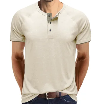 Мужская повседневная модная верхняя рубашка С круглым вырезом и пуговицами, блузка с однотонными рукавами Реглан, Свободная блузка, футболка