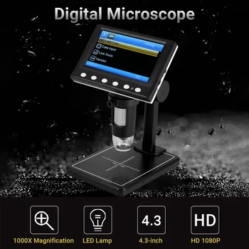 Цифровой микроскоп для фото и видео с 4,3-дюймовым экраном 1080P с 1000-кратным увеличением, 8 шт. совместимых светодиодных ламп