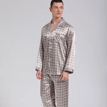 Мужской атласный пижамный комплект с отложным воротником, Повседневная домашняя одежда с длинным рукавом, Весенние пижамные комплекты, одежда для сна для отдыха