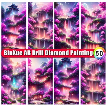 BinXue 5D DIY Пейзаж Мечты Большого размера AB Алмазная картина Утес Водопад Вышивка крестиком Цветочный Замок Ручной работы Мозаика Художественный подарок