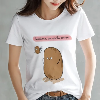Новая летняя милая футболка женская мода Potato philosophy Harajuku, футболка с коротким рукавом, Белая футболка с тонким разрезом, Топы, одежда