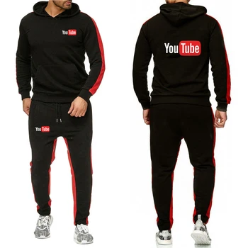 YouTube 2023 Новые мужские комплекты из 2 предметов, однотонный спортивный костюм с капюшоном + спортивные штаны, повседневная уличная одежда для бега трусцой, костюмы-куртки