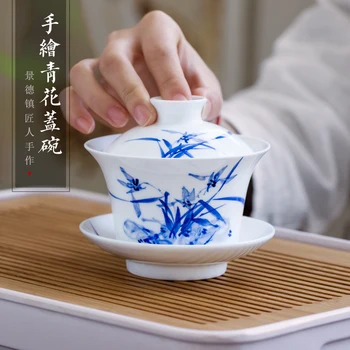 Бело-голубой фарфор цзиндэчжэнь, супница с ручной росписью, одинарные керамические чашки, большой чай кунг-фу из трех чашек для чая