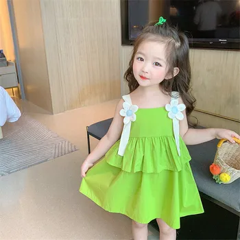 Летнее платье для девочек, модное однотонное хлопковое детское праздничное платье с цветочным рисунком на 2-8 лет, Корейская детская одежда