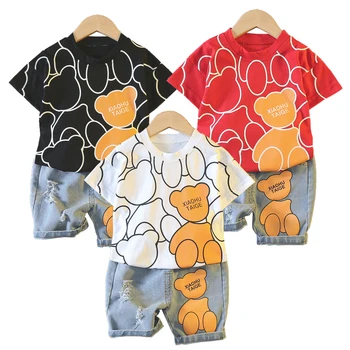 Летняя хлопковая одежда для мальчиков и девочек, детская футболка с мультяшным медведем + шорты, 2 шт./компл., спортивный костюм для малышей, повседневная одежда для младенцев