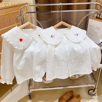Рубашки для девочек, хлопок, Весна-осень 2023, Новая белая блузка с кукольным воротником, детская одежда для детей, Блузка с длинным рукавом для девочек, рубашка