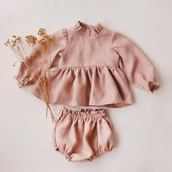 Хлопчатобумажная льняная кружевная рубашка с оборками + короткие брюки, костюм для маленьких девочек, Пуловеры с длинными рукавами, Комплект одежды для малышей, Одежда для новорожденных