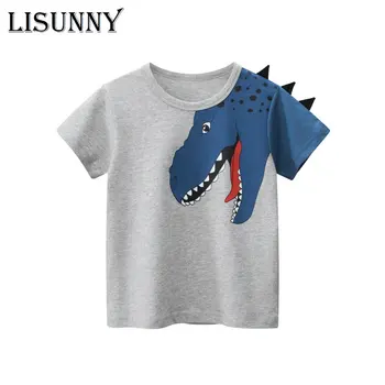 2023 Летняя футболка для мальчиков \ Рубашки с короткими рукавами и принтом, хлопковая футболка с рисунком динозавра для малышей, детская одежда