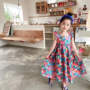 Летние детские платья для девочек, модный Корейский костюм для маленьких девочек, одежда с цветочным рисунком, детские платья, милая одежда принцессы