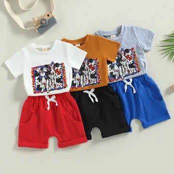 FOCUSNORM, Комплекты одежды для мальчиков из 2 предметов, от 0 до 3 лет, футболка с принтом коровьей головы с коротким рукавом и короткими штанами на шнурке, комплект одежды