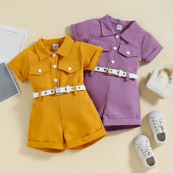 Комплекты одежды для детей 0-4 лет для маленьких девочек, однотонные летние однобортные рубашки с коротким рукавом + шорты, комплекты из 2 предметов с поясом