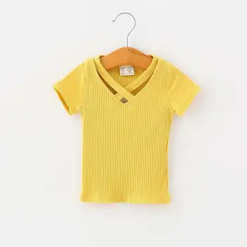 Хлопковая футболка, однотонные топы с V-образным вырезом, детская одежда, Новая модная одежда для маленьких девочек с коротким рукавом, Обычная мода