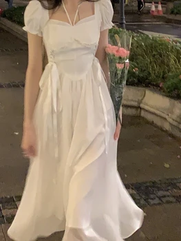 Летнее однотонное элегантное повседневное женское платье 2022 года, вечернее платье с коротким рукавом, приталенное шикарное Корейское модное ретро-платье Леди