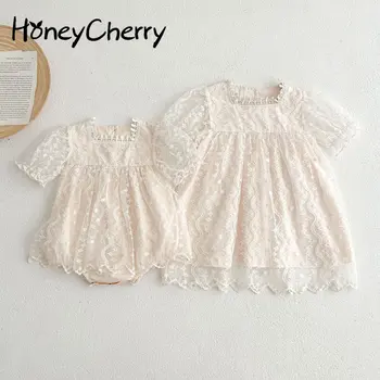 HoneyCherry Летнее новое кружевное платье с короткими рукавами, платье сестры, платье принцессы для девочек, Сетчатое боди, платье цвета слоновой кости для цветочницы