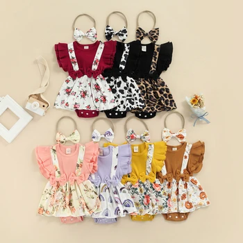 Летнее Платье-ползунки для новорожденных девочек с оборками на рукавах с цветочным принтом, лоскутные комбинезоны в стиле платья, комплекты повязок на голову, 0-18 месяцев