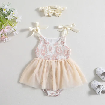 Повседневный комбинезон для маленьких девочек от 0 до 24 месяцев, кружевной комбинезон с цветочным рисунком, летняя одежда принцессы с повязкой на голове