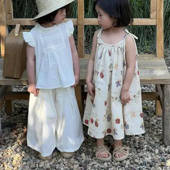 Корейская детская одежда 2023 новое летнее платье для девочек с мультяшным принтом Платье-комбинация без рукавов платье-жилет