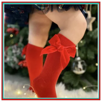 Зимние Осенние Рождественские носки для маленьких девочек с большим бантом, детские носки до колена, мягкие хлопковые испанские носки для детей от 0 до 3 лет для малышей