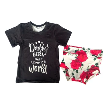 Оптовая продажа, Комплект Bummie, Черная одежда для малышей с короткими рукавами и цветочным рисунком 