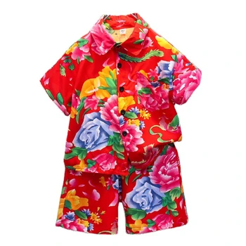 Детский комплект 2023, Летняя пляжная рубашка в цветочек для мальчиков и девочек в китайском стиле с коротким рукавом, Комплект из двух предметов, Сетка Red Tide