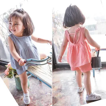 Милые комплекты для маленьких девочек в корейском стиле, хлопковые топы + короткие штанишки, комплекты одежды для маленьких девочек-принцесс, розовая однотонная летняя одежда для малышей