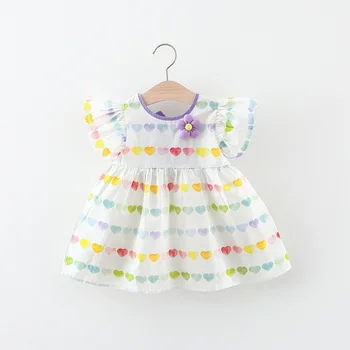 Модная одежда для милых девочек Детское платье принцессы Летние Праздничные платья с короткими рукавами и принтом в виде сердца Vestidos ADK2623